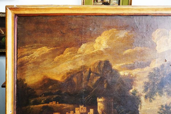 Dipinto del 1600: paesaggio fluviale con personaggi, scuola Michele Pagano - Particolare