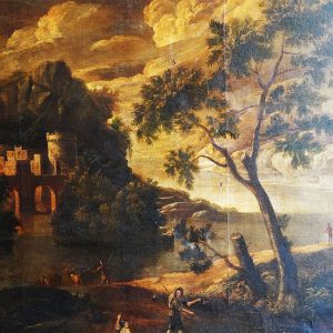 Dipinto del 1600: paesaggio fluviale con personaggi, scuola Michele Pagano - immagine 6