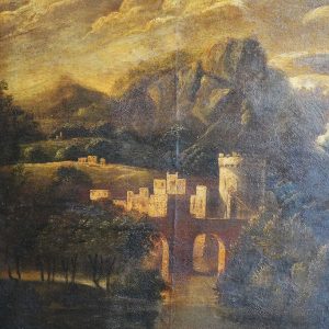 Dipinto del 1600: paesaggio fluviale con personaggi, scuola Michele Pagano - Particolare