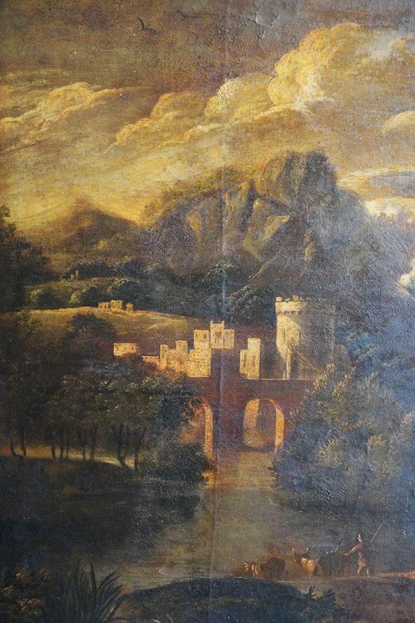 Dipinto del 1600: paesaggio fluviale con personaggi, scuola Michele Pagano - Particolare