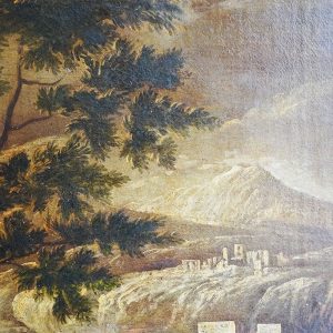 Dipinto del 1600: paesaggio fluviale con personaggi, scuola Michele Pagano - Particolare