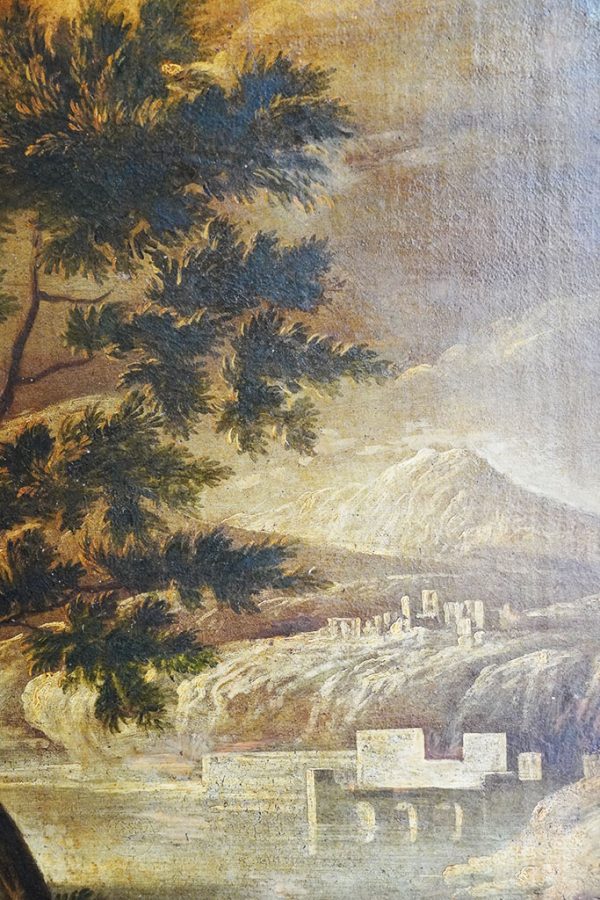 Dipinto del 1600: paesaggio fluviale con personaggi, scuola Michele Pagano - Particolare