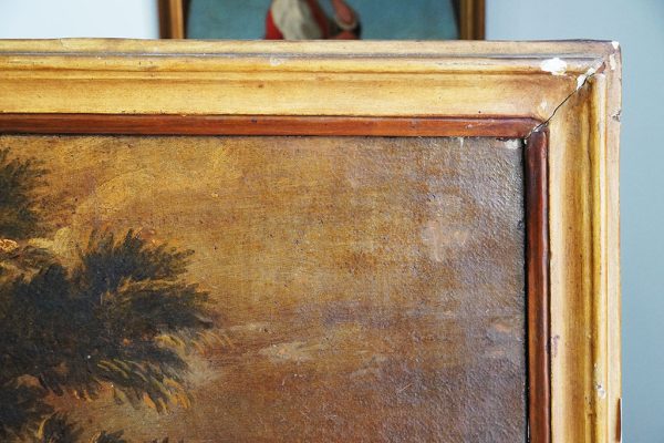 Dipinto del 1600: paesaggio fluviale con personaggi, scuola Michele Pagano - Particolare