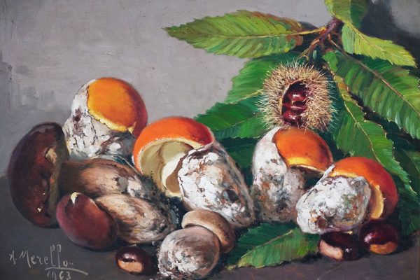 Olio su tavola di Amedeo Merello: funghi - Dettaglio