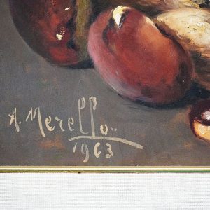 Olio su tavola di Amedeo Merello: funghi - Firma dell'artista
