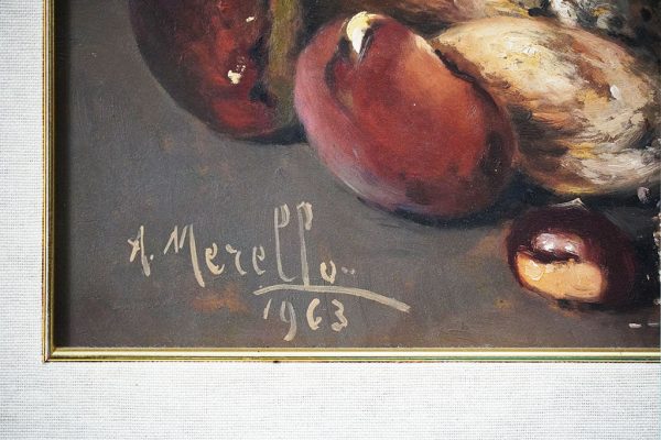 Olio su tavola di Amedeo Merello: funghi - Firma dell'artista
