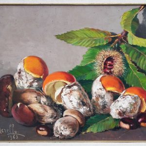 Olio su tavola di Amedeo Merello: funghi