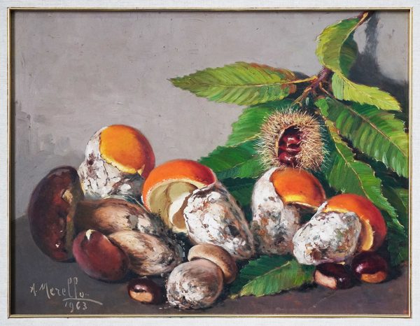 Olio su tavola di Amedeo Merello: funghi