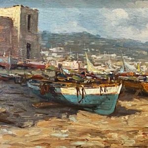 Andrea Patrisi, dipinto ad olio su tavola: “Barche sulla spiaggia” - Particolare