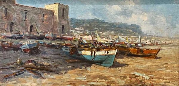 Andrea Patrisi, dipinto ad olio su tavola: “Barche sulla spiaggia” - Particolare