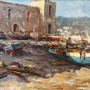 Andrea Patrisi, dipinto ad olio su tavola: “Barche sulla spiaggia” - Particolare