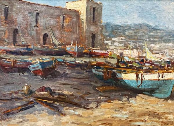 Andrea Patrisi, dipinto ad olio su tavola: “Barche sulla spiaggia” - Particolare