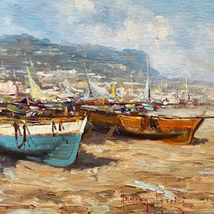 Andrea Patrisi, dipinto ad olio su tavola: “Barche sulla spiaggia” - Particolare
