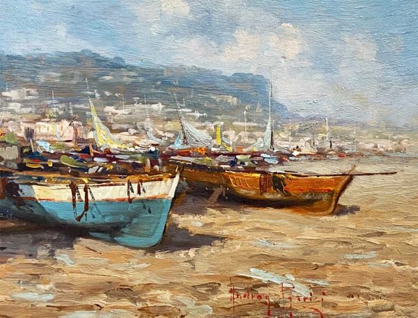 Andrea Patrisi, dipinto ad olio su tavola: “Barche sulla spiaggia” - Particolare
