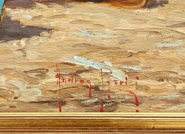 Andrea Patrisi, dipinto ad olio su tavola: “Barche sulla spiaggia” - Firma dell'autore