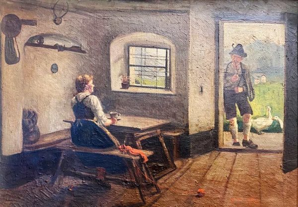 Angelo Silvio Galli: dipinto ad olio su tela, scena d’interno - Dettaglio