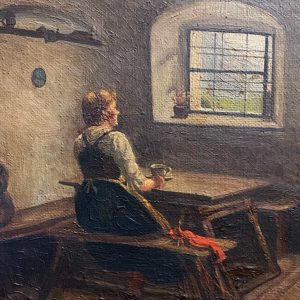 Angelo Silvio Galli: dipinto ad olio su tela, scena d’interno - Dettaglio
