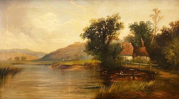 Antico dipinto olio su tela XIX secolo: paesaggio - Particolare