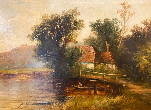 Antico dipinto olio su tela XIX secolo: paesaggio - Particolare