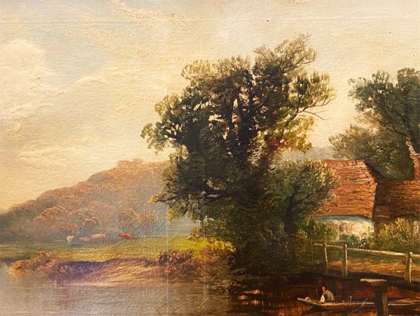 Antico dipinto olio su tela XIX secolo: paesaggio - Particolare