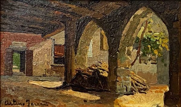 Arturo Ferrari: dipinto ad olio, interno di casale - Particolare