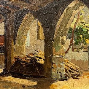 Arturo Ferrari: dipinto ad olio, interno di casale - Particolare
