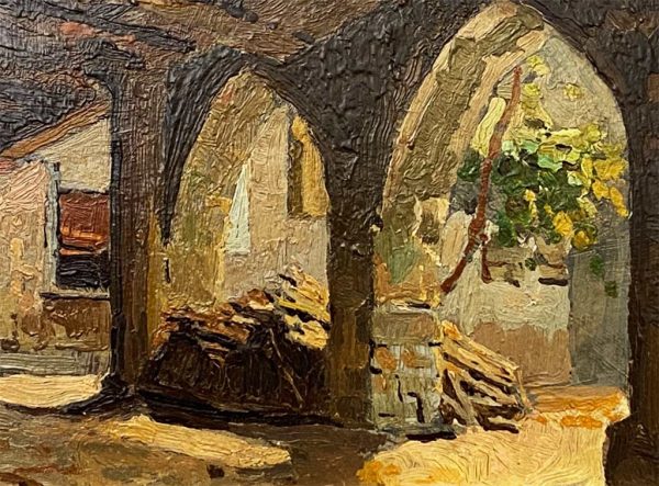 Arturo Ferrari: dipinto ad olio, interno di casale - Particolare