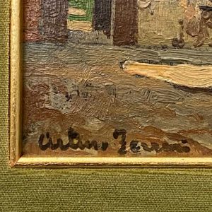 Arturo Ferrari: dipinto ad olio, interno di casale - Particolare della firma
