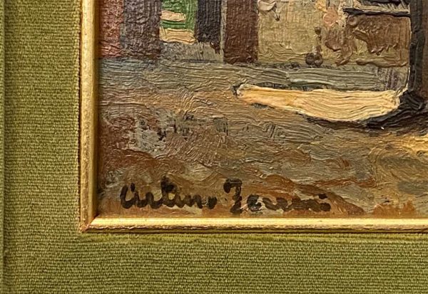 Arturo Ferrari: dipinto ad olio, interno di casale - Particolare della firma