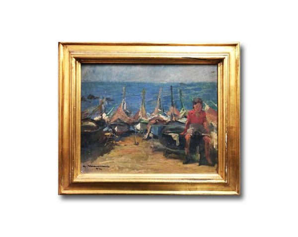 Cipriano Mannucci: dipinto ad olio, barche sulla spiaggia - Immagine principale