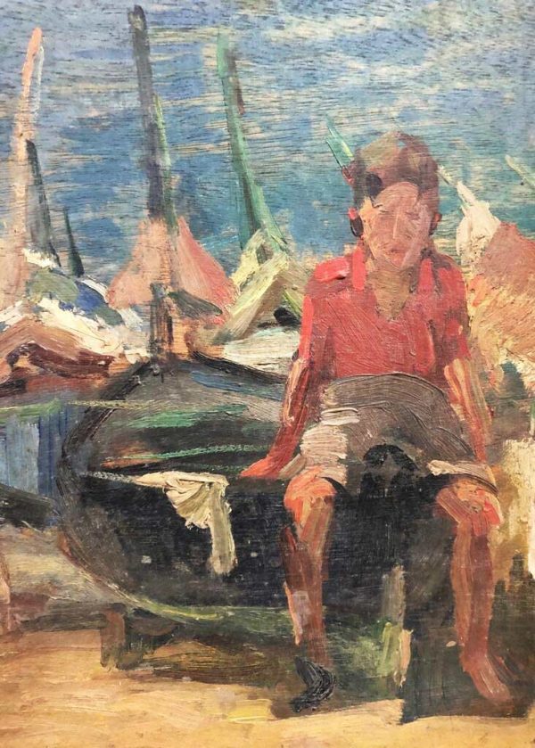 Cipriano Mannucci: dipinto ad olio, barche sulla spiaggia - Particolare