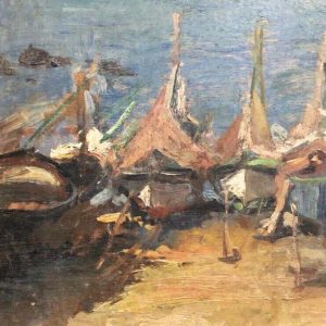 Cipriano Mannucci: dipinto ad olio, barche sulla spiaggia - Particolare con firma