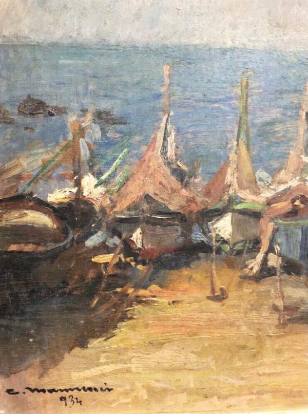 Cipriano Mannucci: dipinto ad olio, barche sulla spiaggia - Particolare con firma