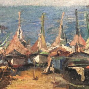 Cipriano Mannucci: dipinto ad olio, barche sulla spiaggia - Particolare