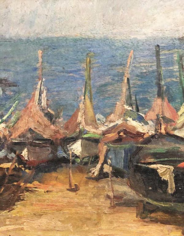 Cipriano Mannucci: dipinto ad olio, barche sulla spiaggia - Particolare
