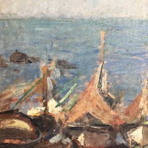 Cipriano Mannucci: dipinto ad olio, barche sulla spiaggia - Particolare