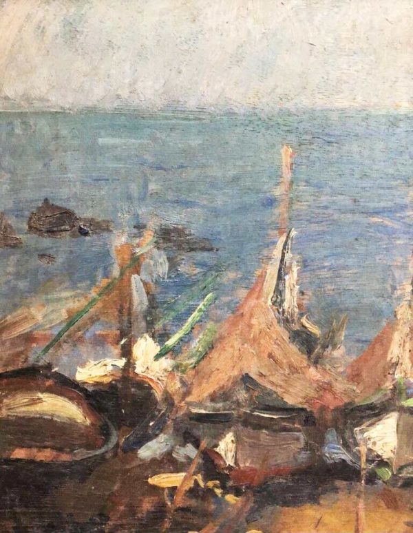 Cipriano Mannucci: dipinto ad olio, barche sulla spiaggia - Particolare