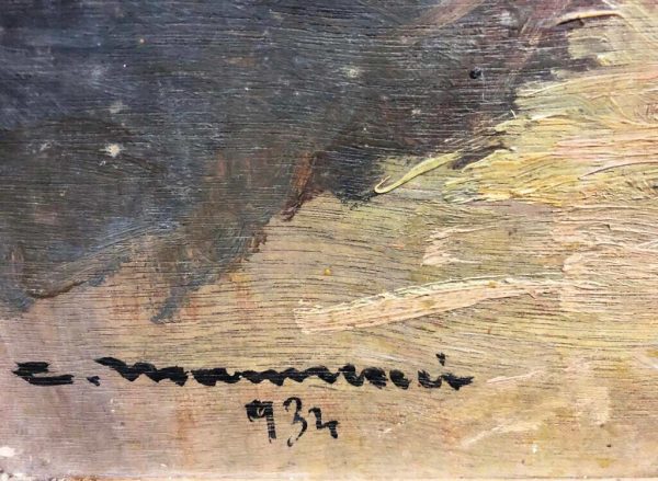 Cipriano Mannucci: dipinto ad olio, barche sulla spiaggia - Firma dell'autore